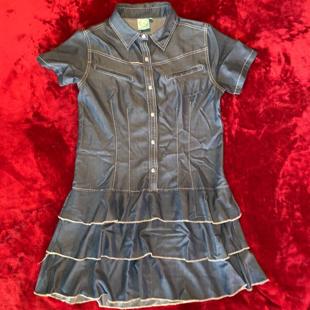 Lg Cowgirl Hardware Dark Demin Snap Front Ruffled Bottom SEXY Dress